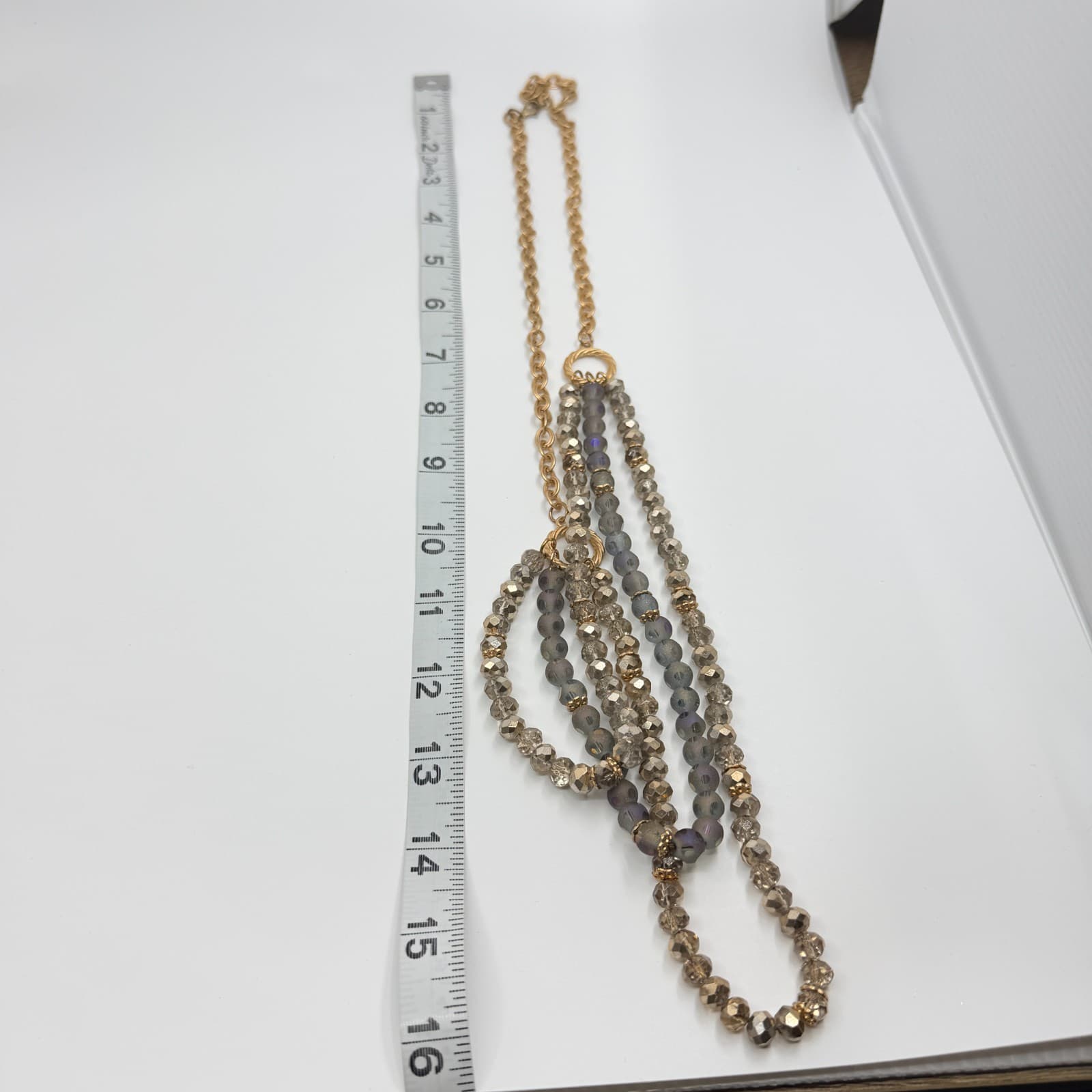 Necklace Vintage Gold Tone Triple Strand Faceted Crystal Bead Iridescent Retro - Thumbnail 9