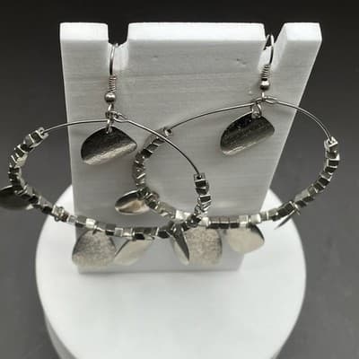 Silver Tone Mixed Charm Hoop Earrings Boho Metal Dangle Style - Thumbnail 2