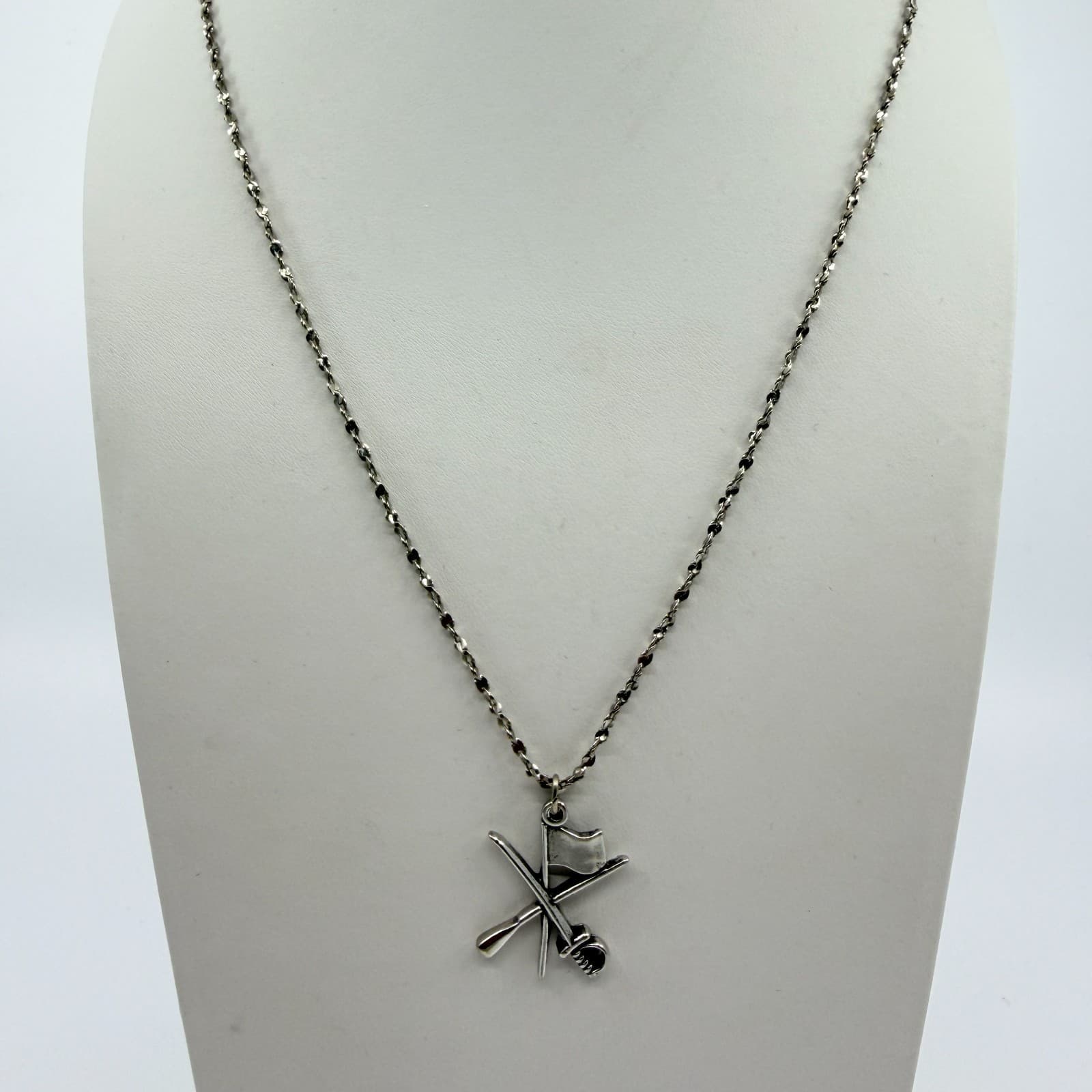 Vintage Silver Tone Crossed Sabers Flag Pendant Necklace Cavalry Retro Military - Thumbnail 2
