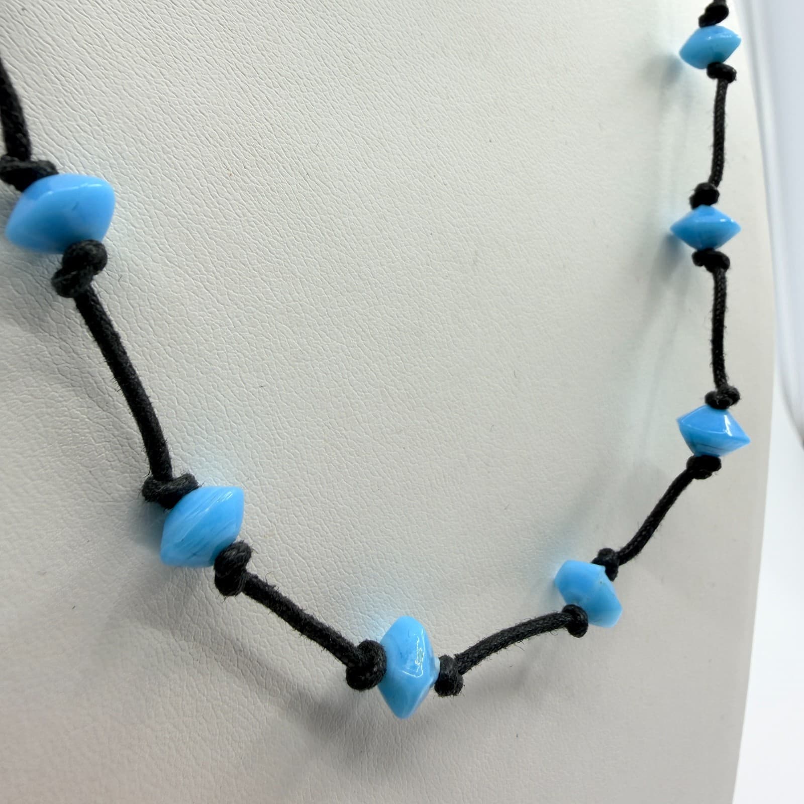 Vintage Black Cord Light Blue Bead Station Necklace Boho Retro Minimalist Y2K - Thumbnail 4