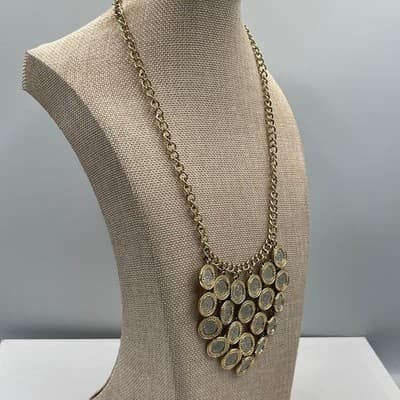 Vintage Gold Tone Bib Necklace Glitter Medallion Tassel Chandelier Statement 24" - Thumbnail 4
