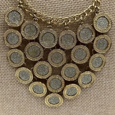 Vintage Gold Tone Bib Necklace Glitter Medallion Tassel Chandelier Statement 24" - Thumbnail 3
