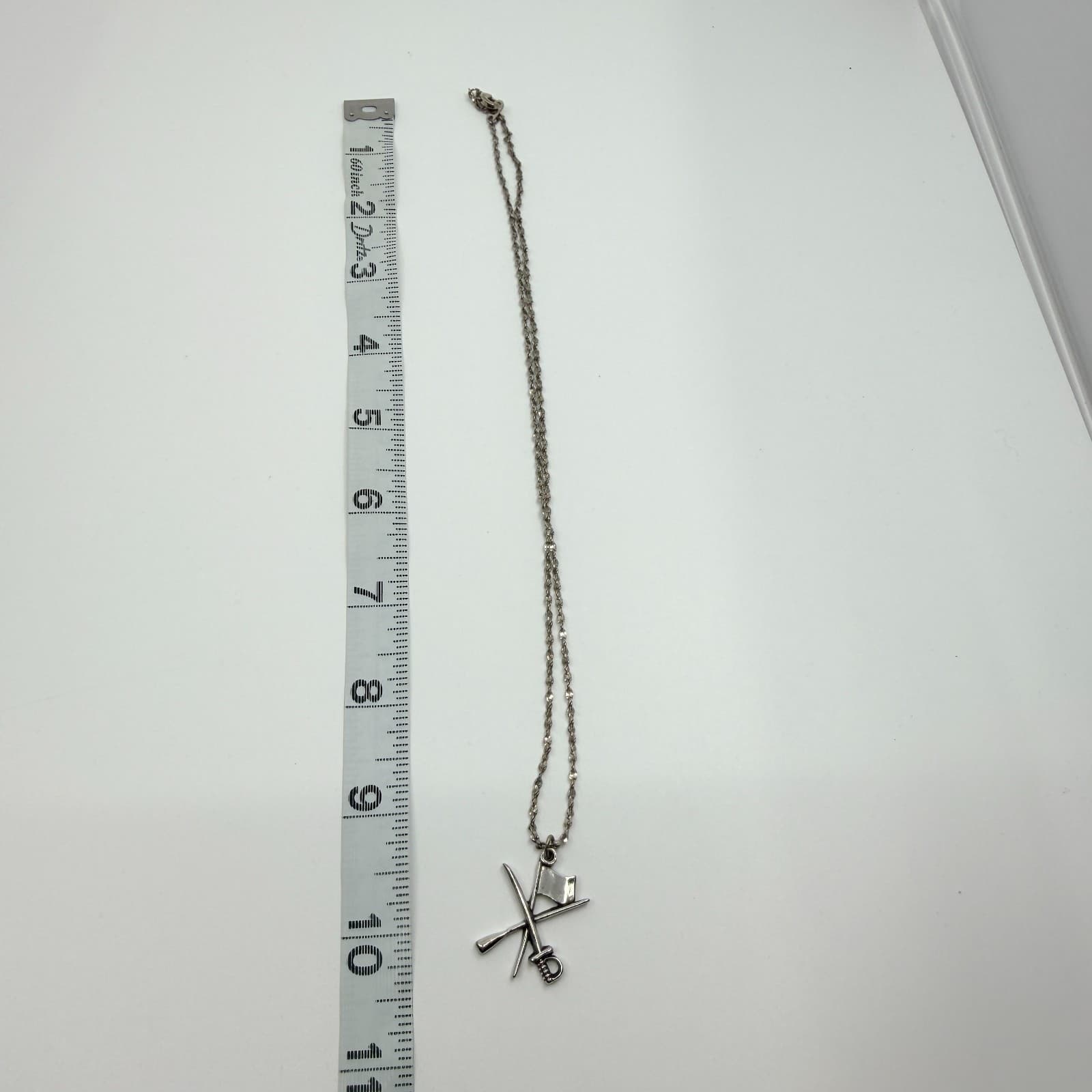Vintage Silver Tone Crossed Sabers Flag Pendant Necklace Cavalry Retro Military - Thumbnail 7