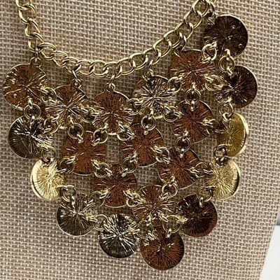 Vintage Gold Tone Bib Necklace Glitter Medallion Tassel Chandelier Statement 24" - Thumbnail 6