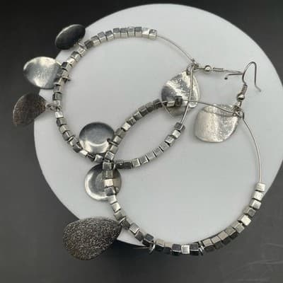 Silver Tone Mixed Charm Hoop Earrings Boho Metal Dangle Style - Thumbnail 9