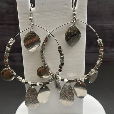 Silver Tone Mixed Charm Hoop Earrings Boho Metal Dangle Style - Thumbnail 6
