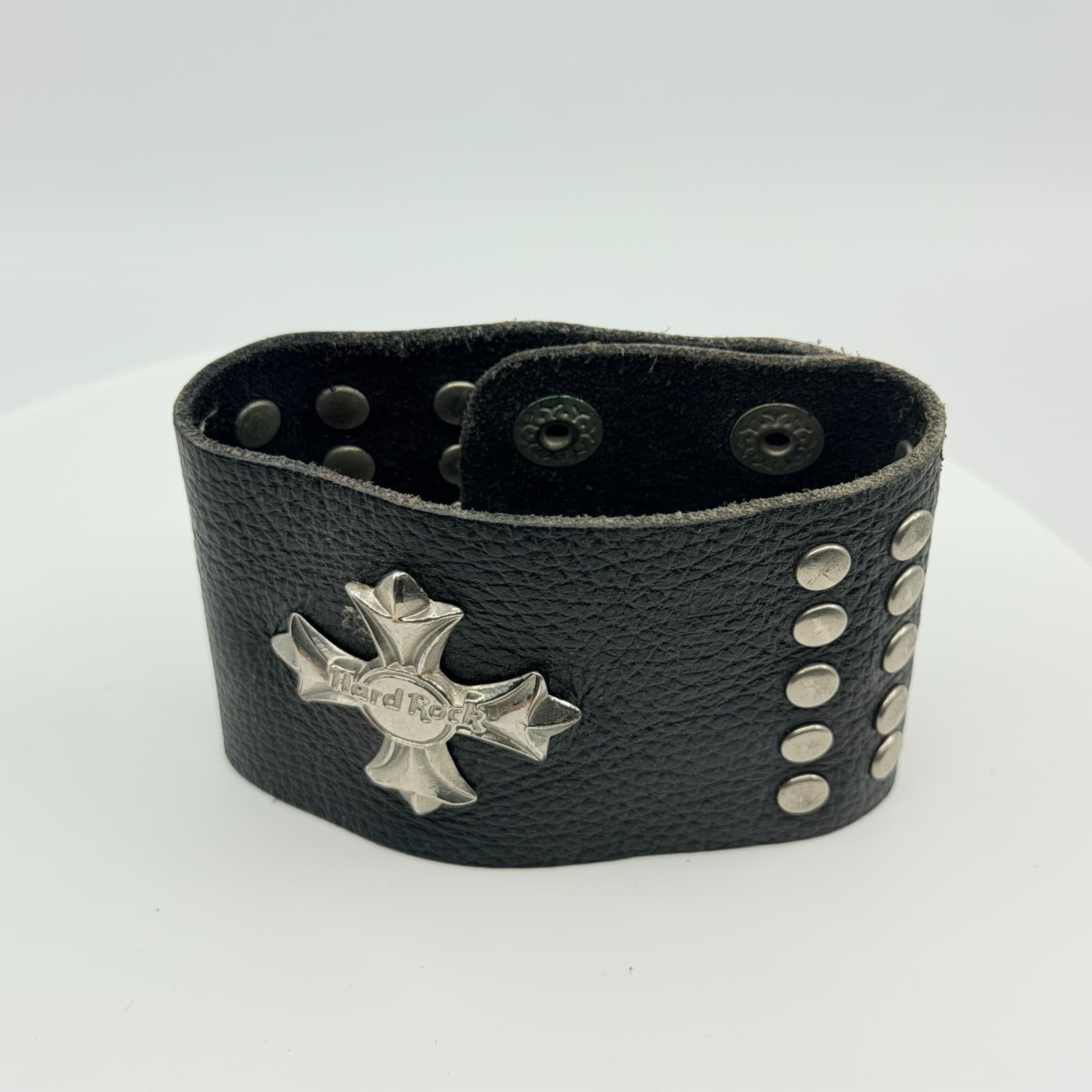 Bracelet Hard Rock Cafe Iron Cross Leather Cuff Black Silver Tone Biker Retro - Thumbnail 7