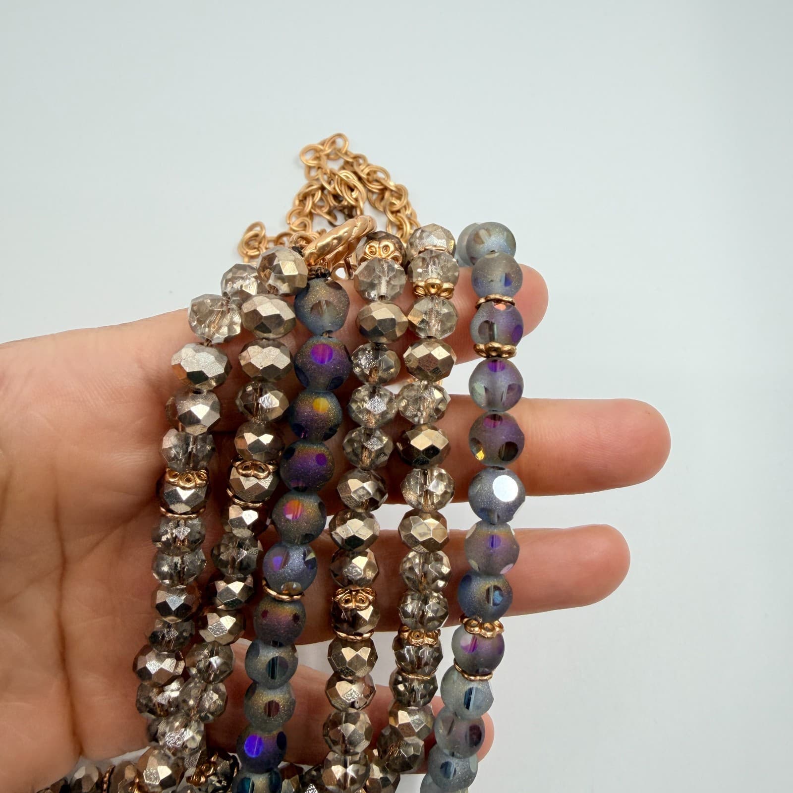 Necklace Vintage Gold Tone Triple Strand Faceted Crystal Bead Iridescent Retro - Thumbnail 8