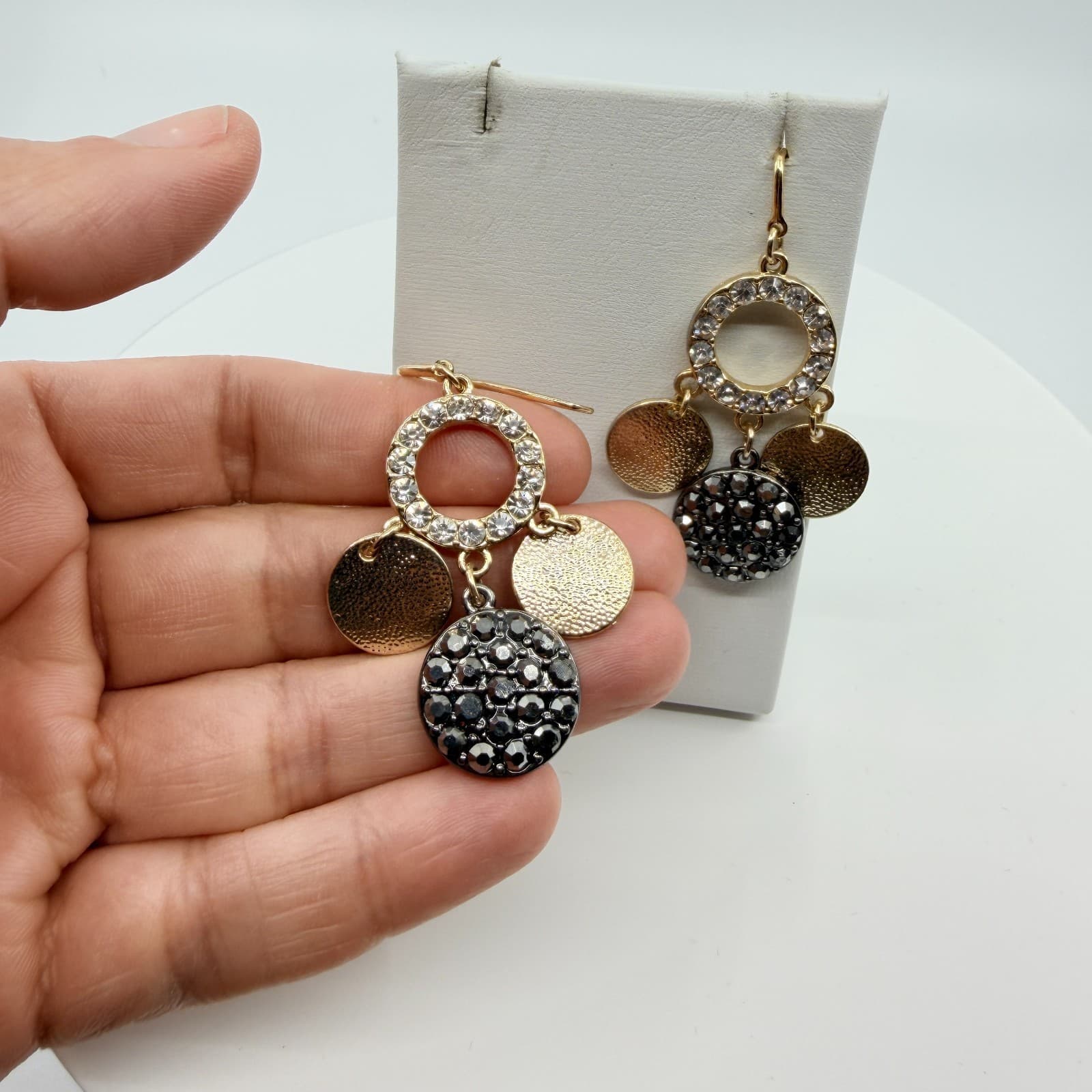 Earrings Vintage Gold Tone Rhinestone Circle Drop Disc Dangle Boho Statement 90s - Thumbnail 8