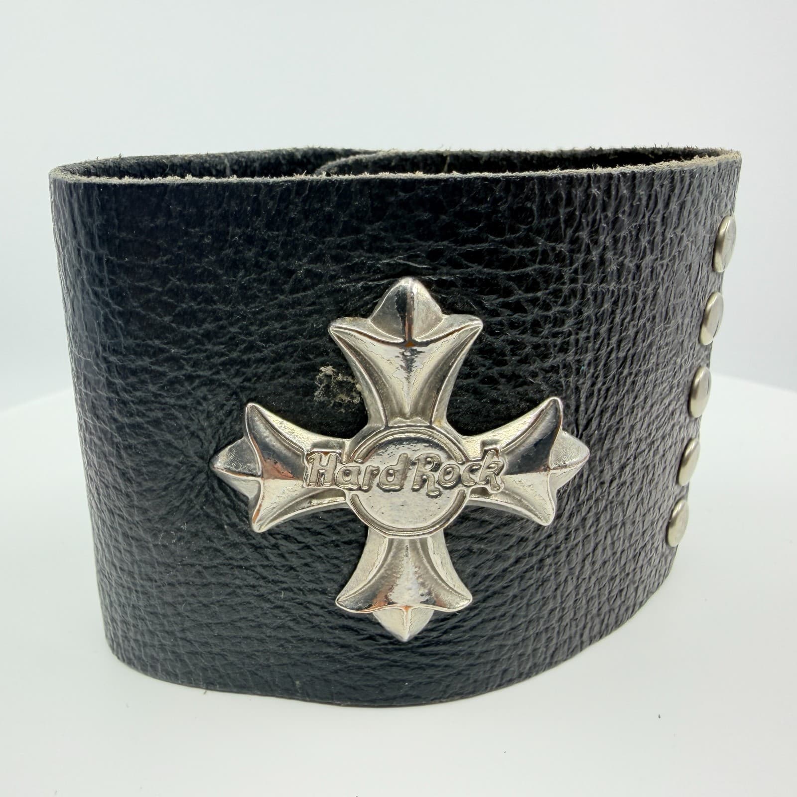 Bracelet Hard Rock Cafe Iron Cross Leather Cuff Black Silver Tone Biker Retro - Thumbnail 2