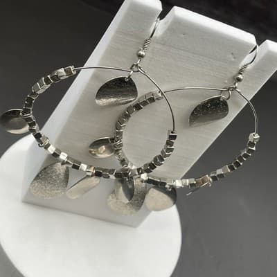 Silver Tone Mixed Charm Hoop Earrings Boho Metal Dangle Style - Thumbnail 3