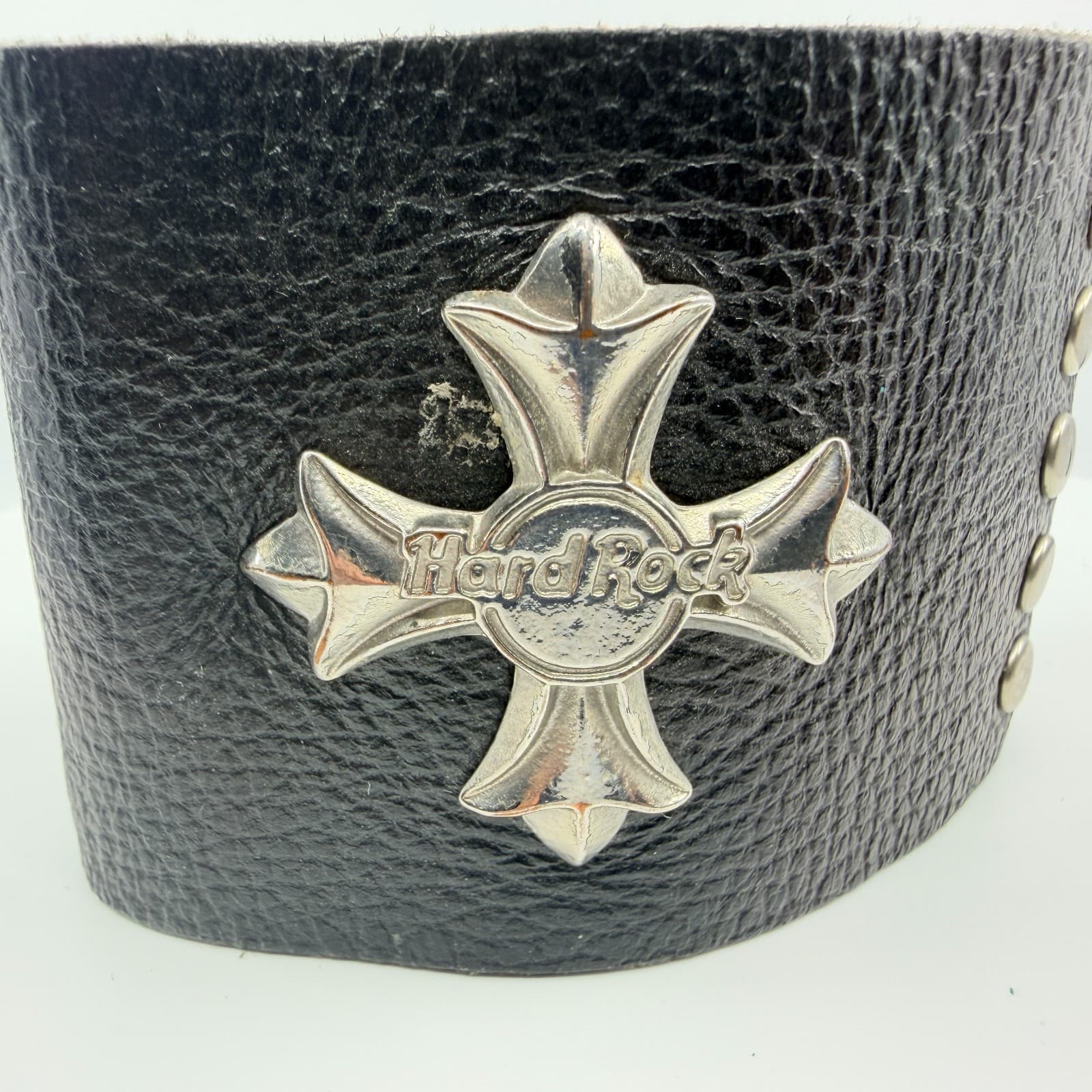 Bracelet Hard Rock Cafe Iron Cross Leather Cuff Black Silver Tone Biker Retro - Thumbnail 3