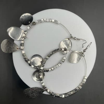 Silver Tone Mixed Charm Hoop Earrings Boho Metal Dangle Style - Thumbnail 7
