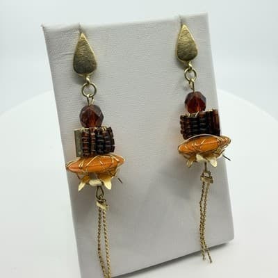 Earrings Vintage Gold Tone Dangle Amber Color Bead Long Tassel Fringe Boho 90s - Thumbnail 2