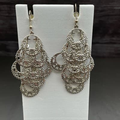 Vintage Filigree Cascade Dangle Earrings – Silver-Tone - Thumbnail 2