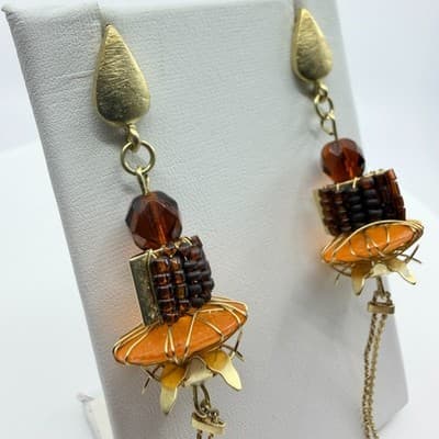 Earrings Vintage Gold Tone Dangle Amber Color Bead Long Tassel Fringe Boho 90s - Thumbnail 3