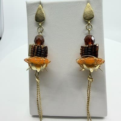 Earrings Vintage Gold Tone Dangle Amber Color Bead Long Tassel Fringe Boho 90s - Thumbnail 6