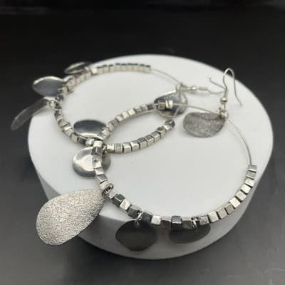 Silver Tone Mixed Charm Hoop Earrings Boho Metal Dangle Style - Thumbnail 8
