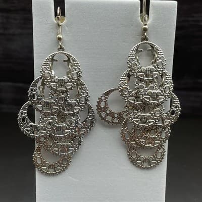 Vintage Filigree Cascade Dangle Earrings – Silver-Tone - Thumbnail 5