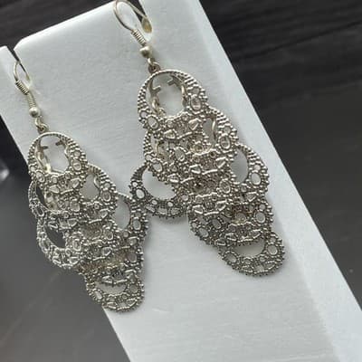 Vintage Filigree Cascade Dangle Earrings – Silver-Tone - Thumbnail 4