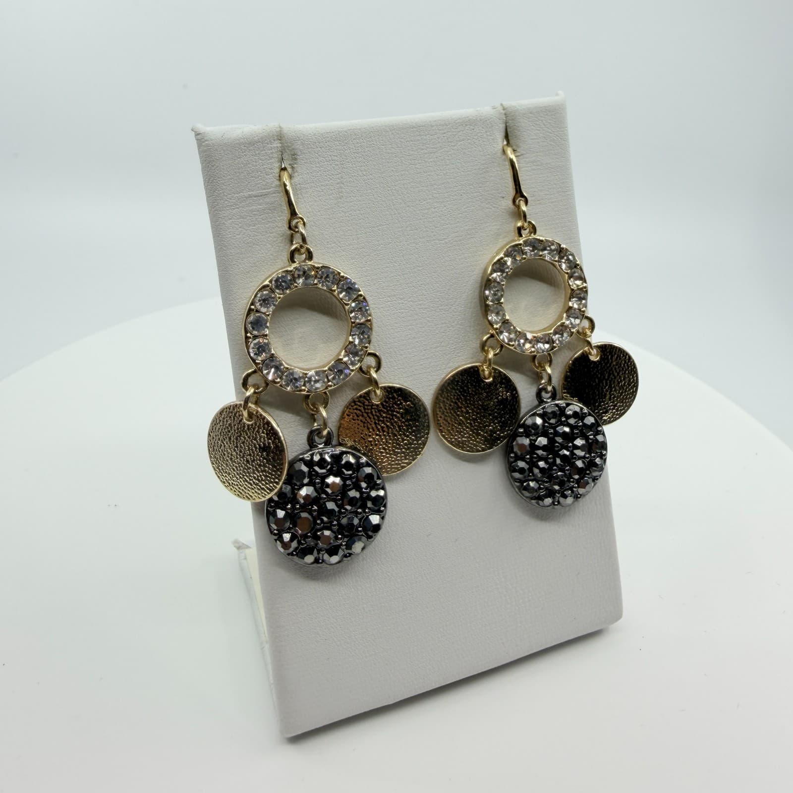 Earrings Vintage Gold Tone Rhinestone Circle Drop Disc Dangle Boho Statement 90s - Thumbnail 3