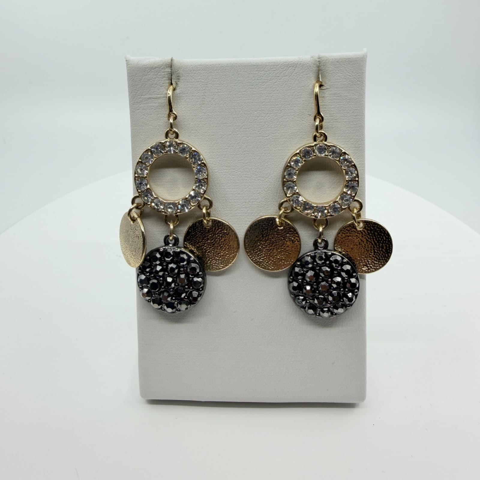 Earrings Vintage Gold Tone Rhinestone Circle Drop Disc Dangle Boho Statement 90s - Thumbnail 7