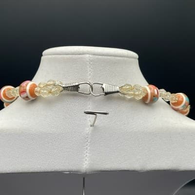 Vintage Orange White Striped Glass Bead Choker Necklace Crystal Spacers 15 in - Thumbnail 6