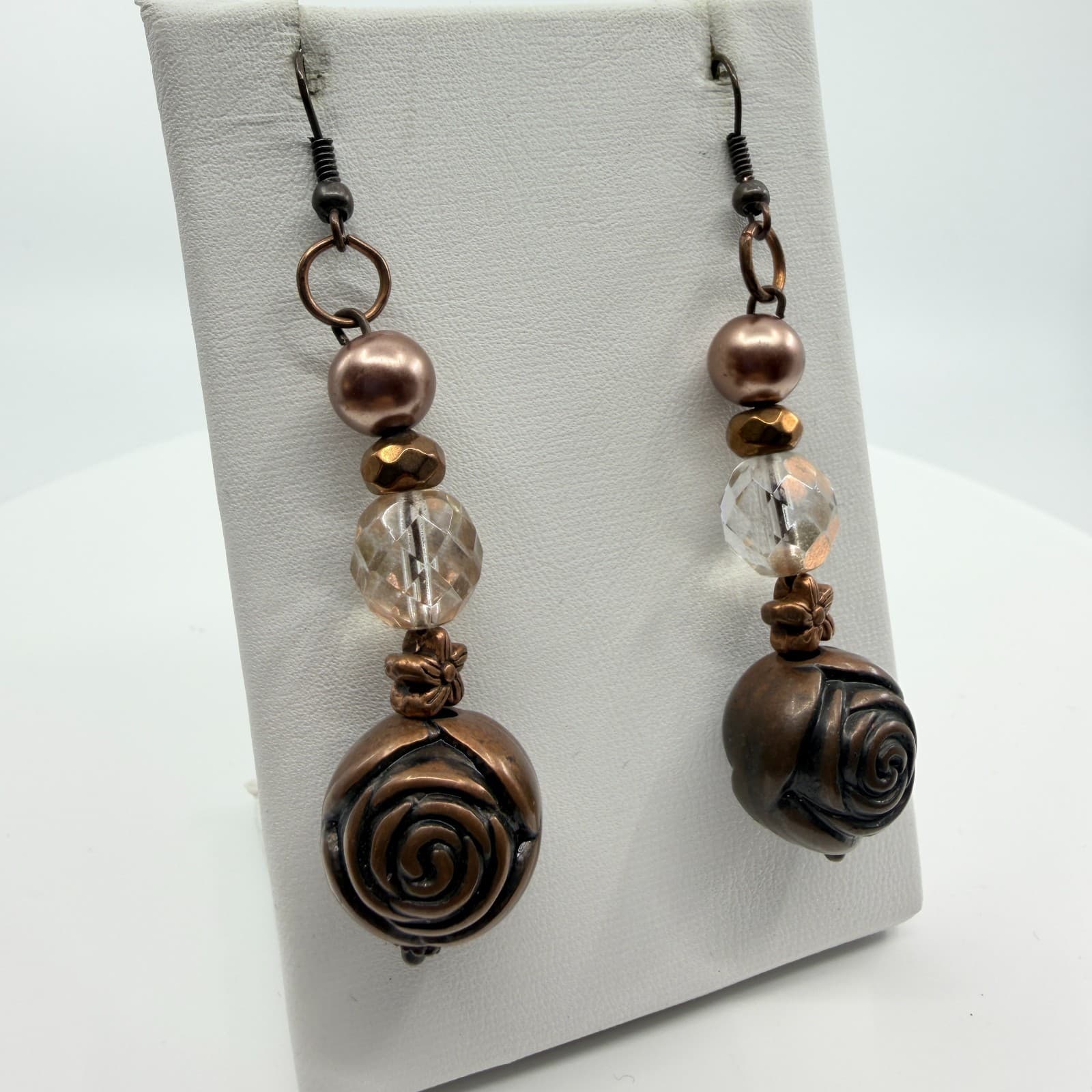 Earrings Vintage Copper Tone Dangle Bronze Faux Pearl Rose Bead Flower Boho 90s - Thumbnail 2