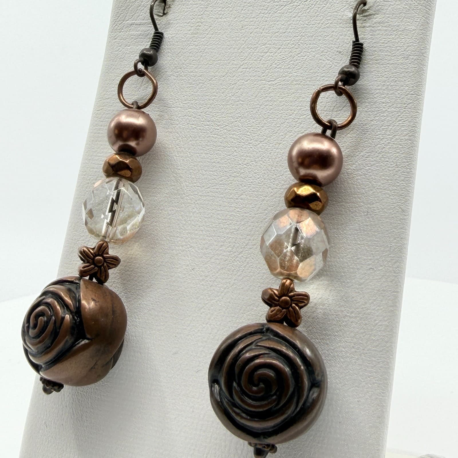 Earrings Vintage Copper Tone Dangle Bronze Faux Pearl Rose Bead Flower Boho 90s - Thumbnail 4