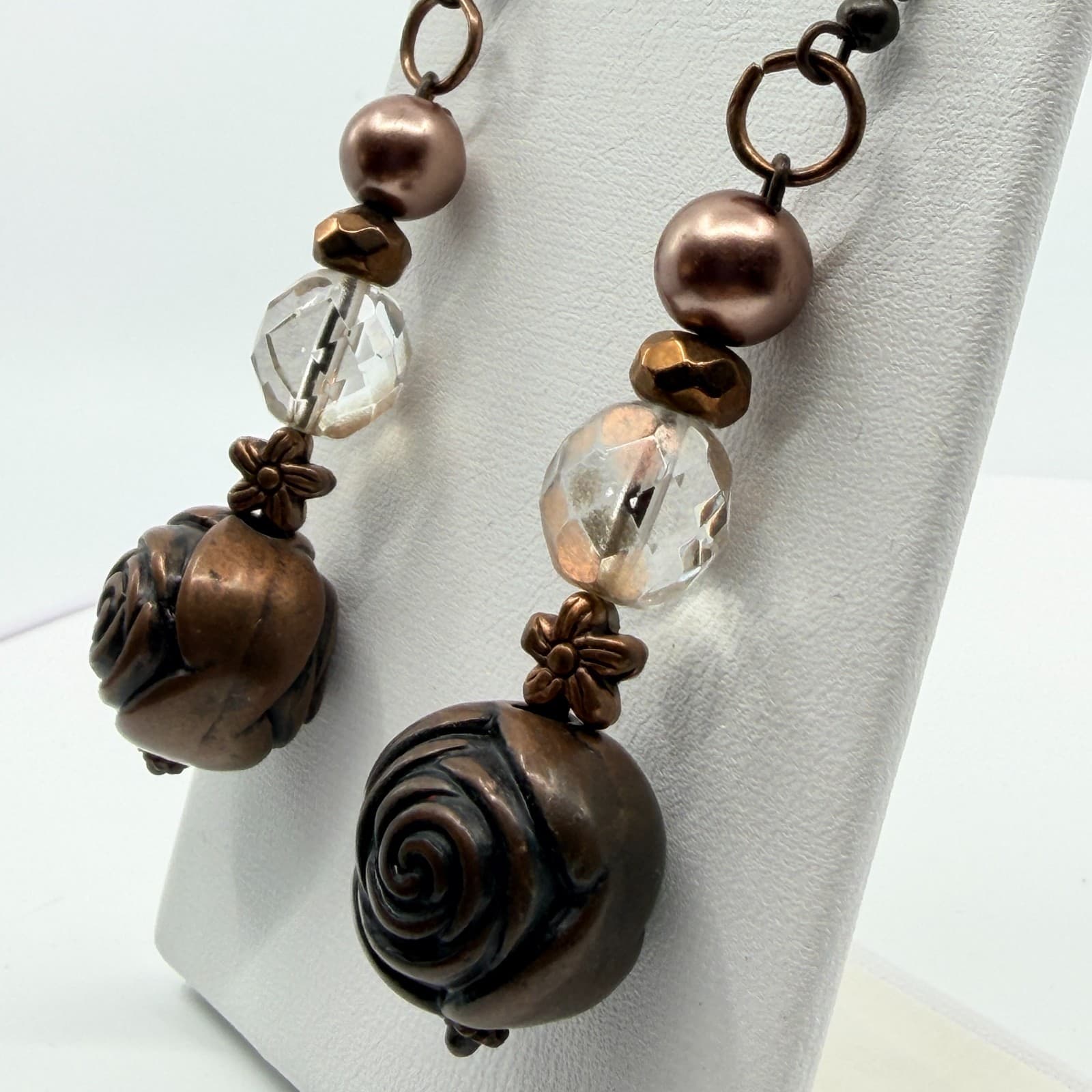 Earrings Vintage Copper Tone Dangle Bronze Faux Pearl Rose Bead Flower Boho 90s - Thumbnail 5