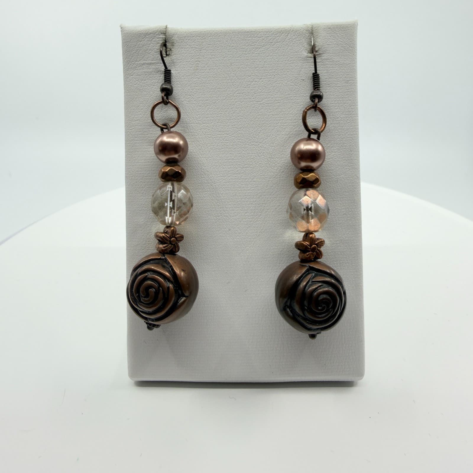 Earrings Vintage Copper Tone Dangle Bronze Faux Pearl Rose Bead Flower Boho 90s - Thumbnail 6