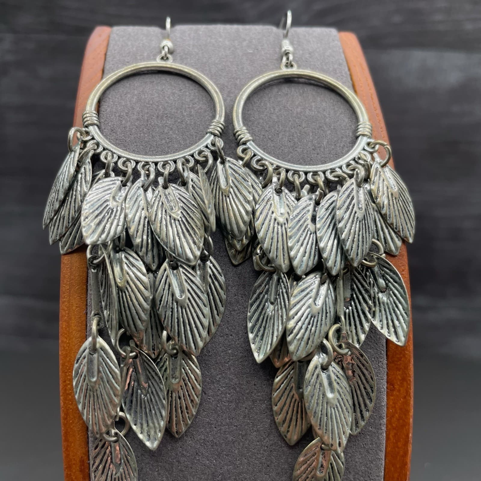 Boho Silver Leaf Cascade Dangle Earrings - Thumbnail 7