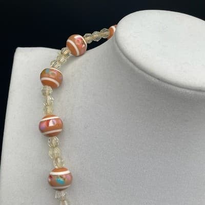 Vintage Orange White Striped Glass Bead Choker Necklace Crystal Spacers 15 in - Thumbnail 2