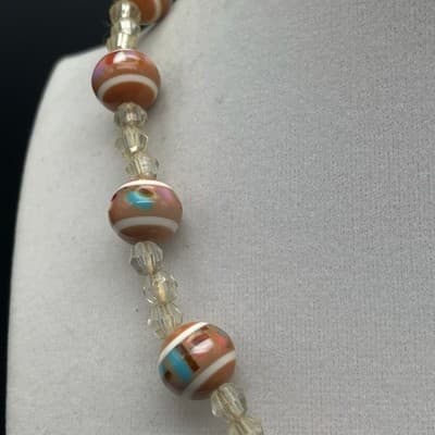 Vintage Orange White Striped Glass Bead Choker Necklace Crystal Spacers 15 in - Thumbnail 5