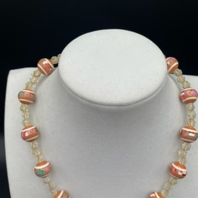 Vintage Orange White Striped Glass Bead Choker Necklace Crystal Spacers 15 in - Thumbnail 4