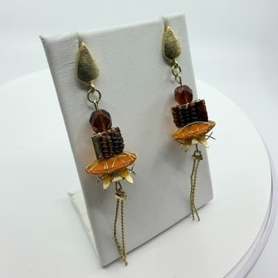 Earrings Vintage Gold Tone Dangle Amber Color Bead Long Tassel Fringe Boho 90s - Thumbnail 4