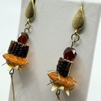 Earrings Vintage Gold Tone Dangle Amber Color Bead Long Tassel Fringe Boho 90s - Thumbnail 5