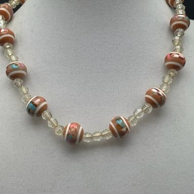 Vintage Orange White Striped Glass Bead Choker Necklace Crystal Spacers 15 in - Thumbnail 3