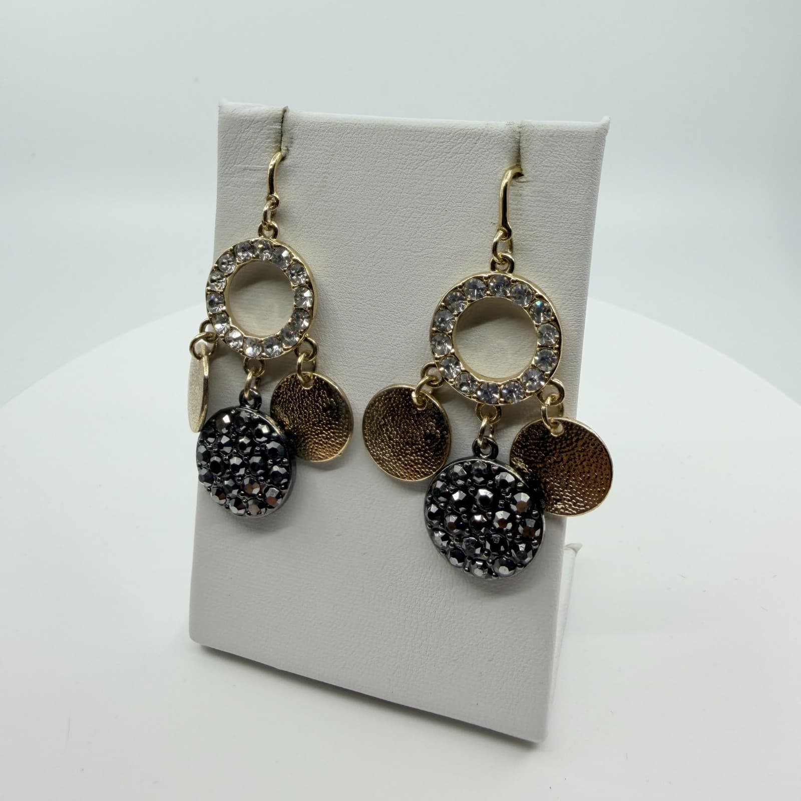 Earrings Vintage Gold Tone Rhinestone Circle Drop Disc Dangle Boho Statement 90s - Thumbnail 6