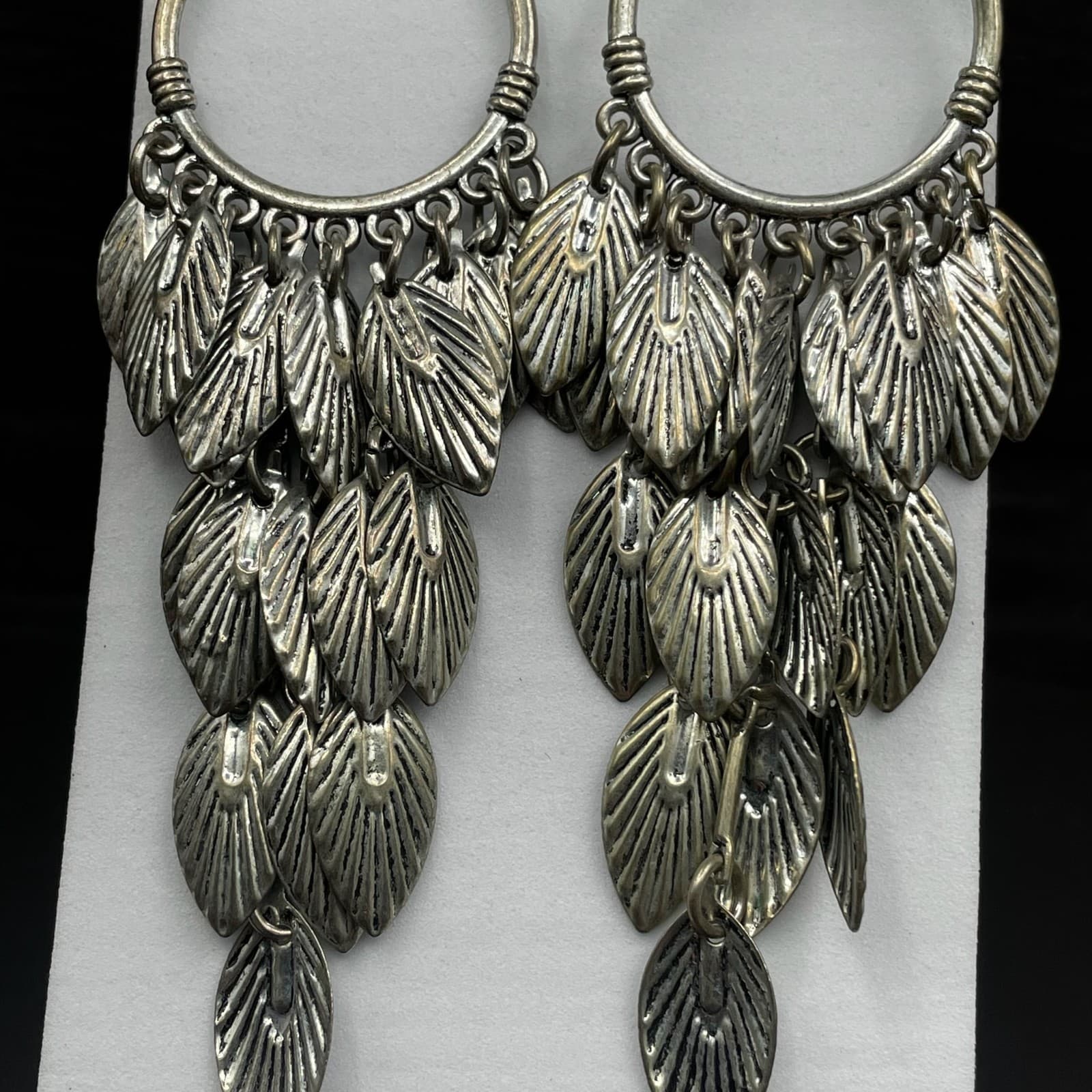 Boho Silver Leaf Cascade Dangle Earrings - Thumbnail 4