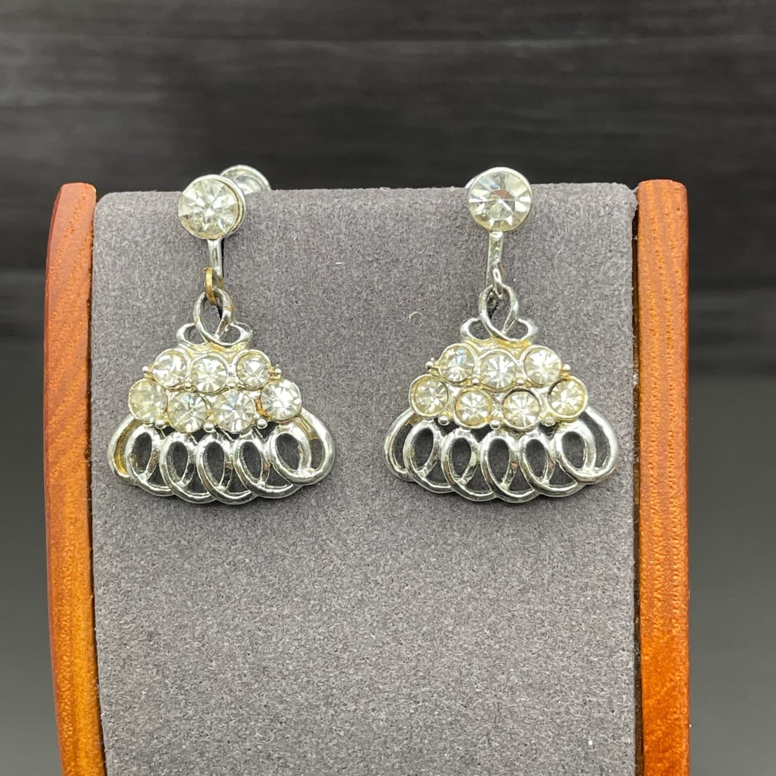 Silver Tone Rhinestone Loop Fan Dangle Earrings Vintage Glam - Thumbnail 5