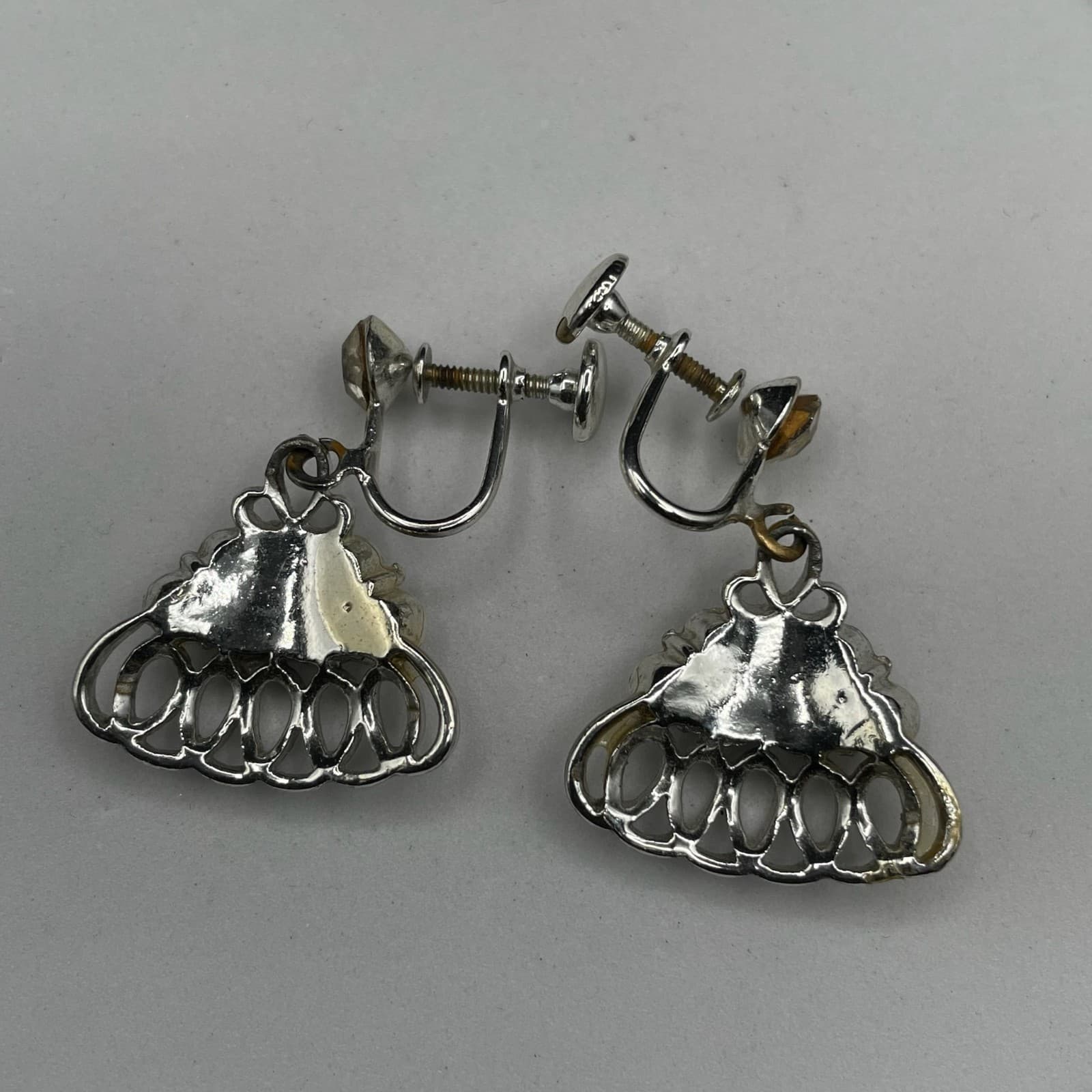 Silver Tone Rhinestone Loop Fan Dangle Earrings Vintage Glam - Thumbnail 7