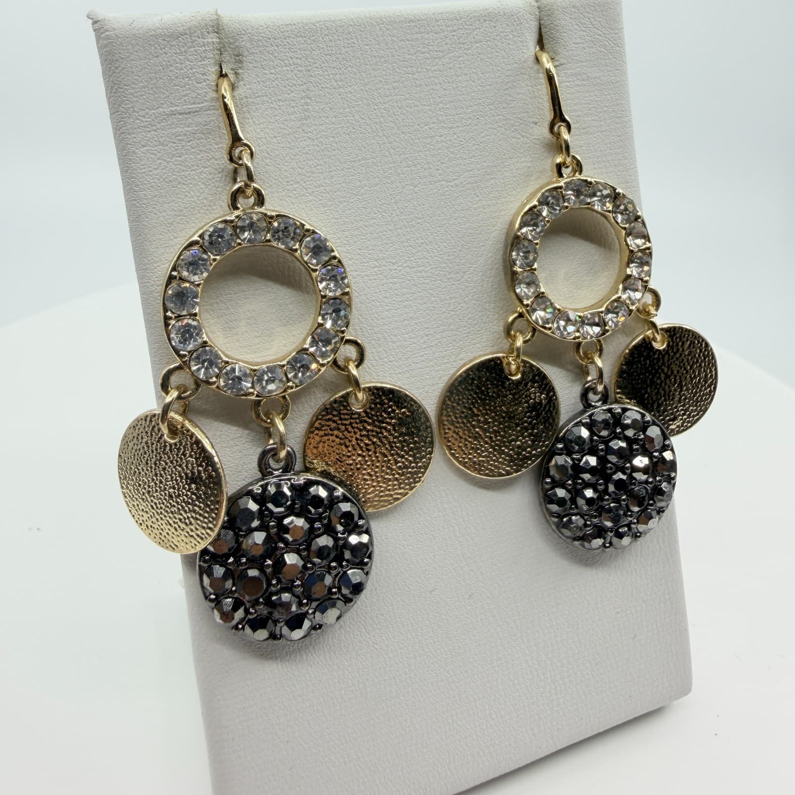Earrings Vintage Gold Tone Rhinestone Circle Drop Disc Dangle Boho Statement 90s - Thumbnail 2