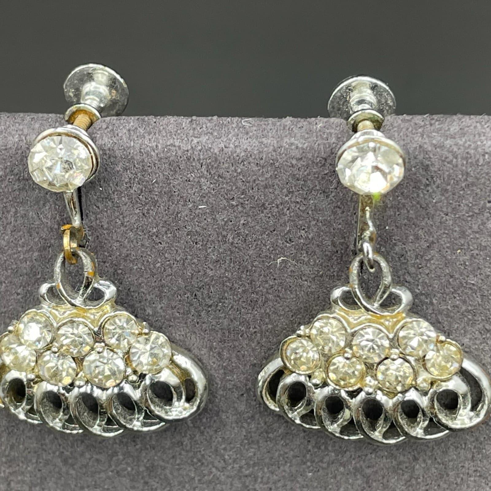 Silver Tone Rhinestone Loop Fan Dangle Earrings Vintage Glam - Thumbnail 2