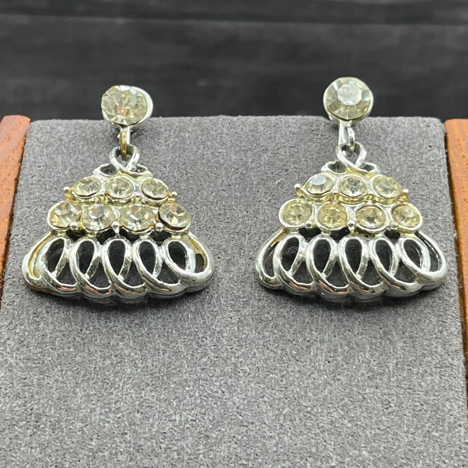 Silver Tone Rhinestone Loop Fan Dangle Earrings Vintage Glam - Thumbnail 3