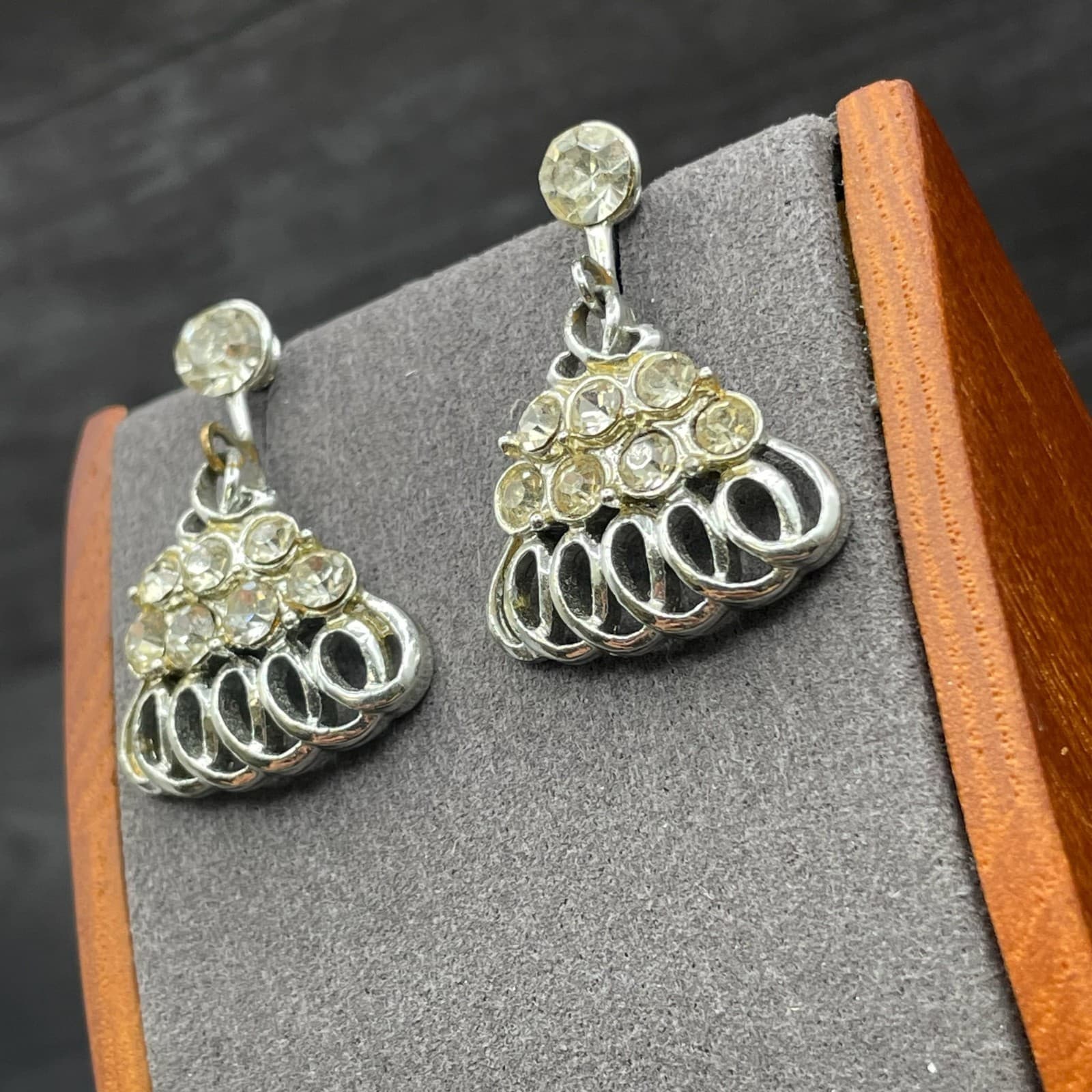 Silver Tone Rhinestone Loop Fan Dangle Earrings Vintage Glam - Thumbnail 4