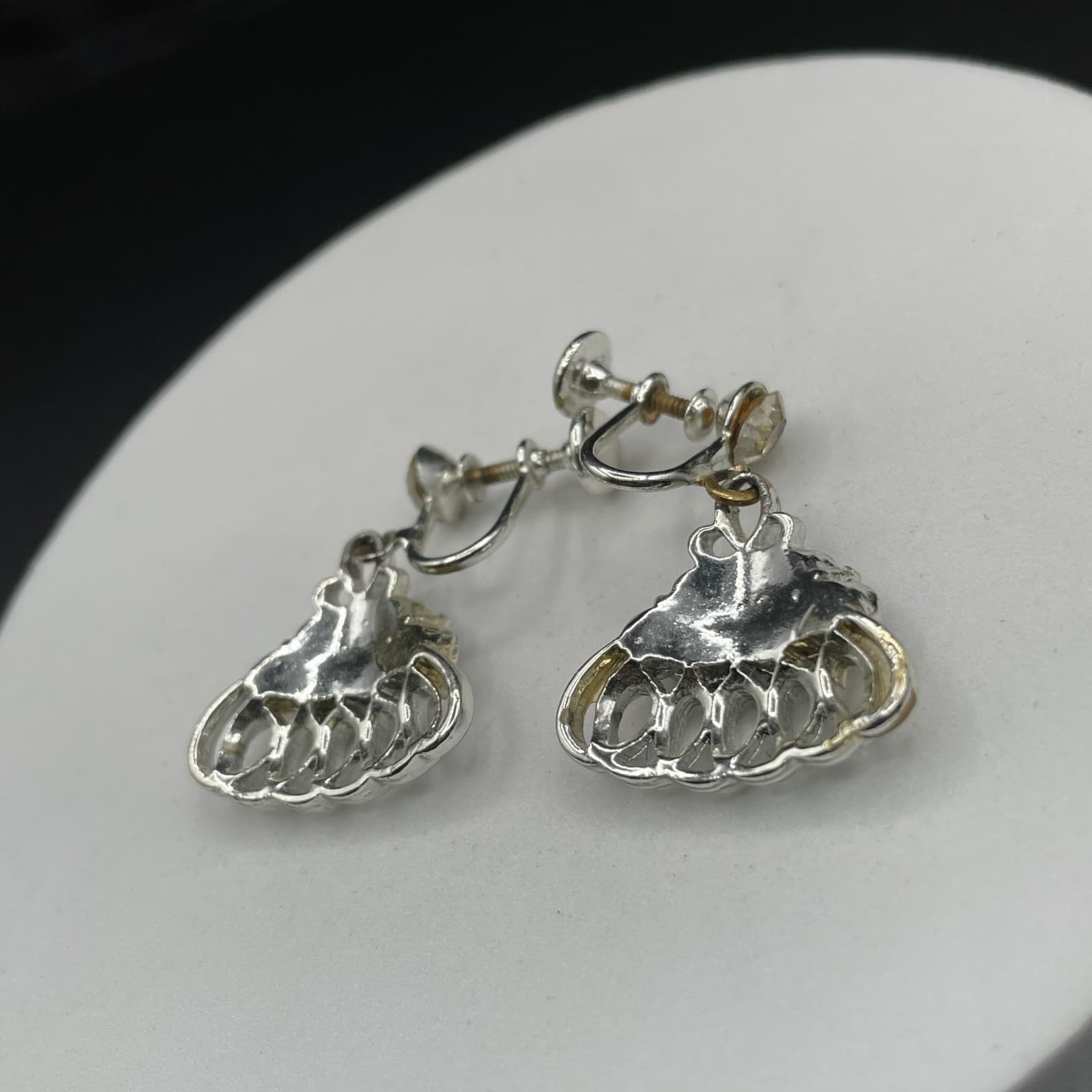 Silver Tone Rhinestone Loop Fan Dangle Earrings Vintage Glam - Thumbnail 6