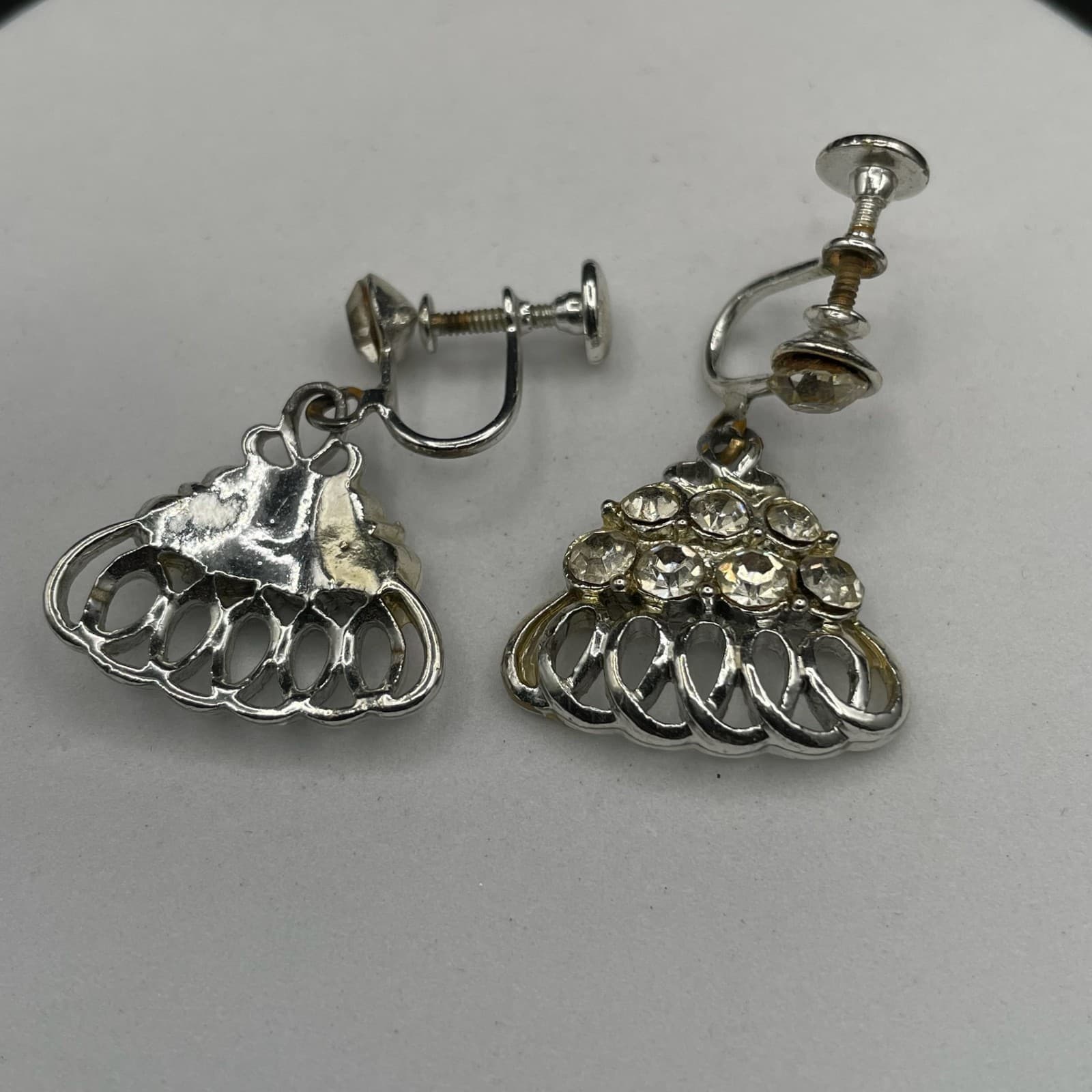Silver Tone Rhinestone Loop Fan Dangle Earrings Vintage Glam - Thumbnail 8
