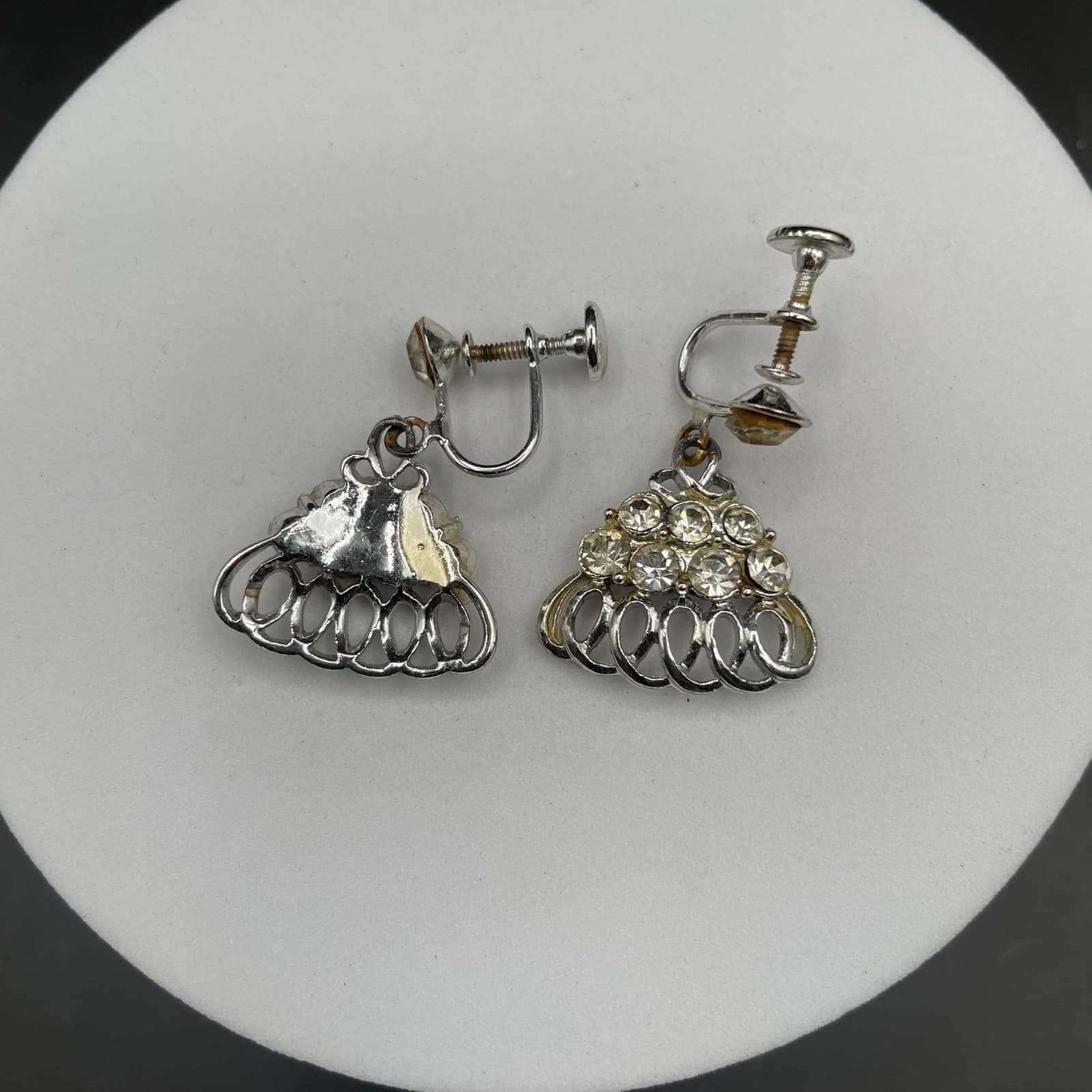 Silver Tone Rhinestone Loop Fan Dangle Earrings Vintage Glam - Thumbnail 9