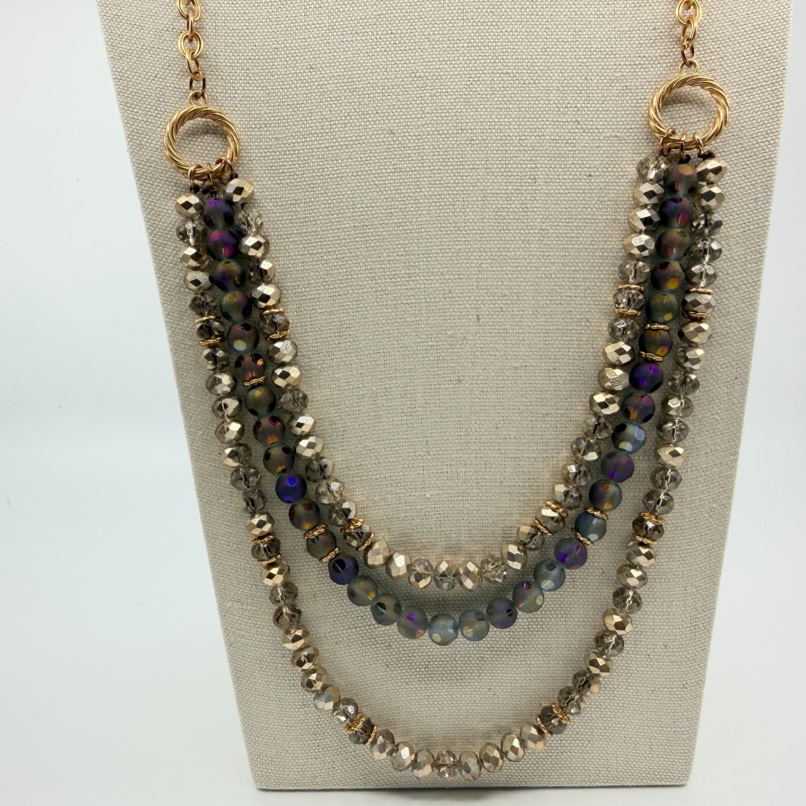 Necklace Vintage Gold Tone Triple Strand Faceted Crystal Bead Iridescent Retro - Thumbnail 2